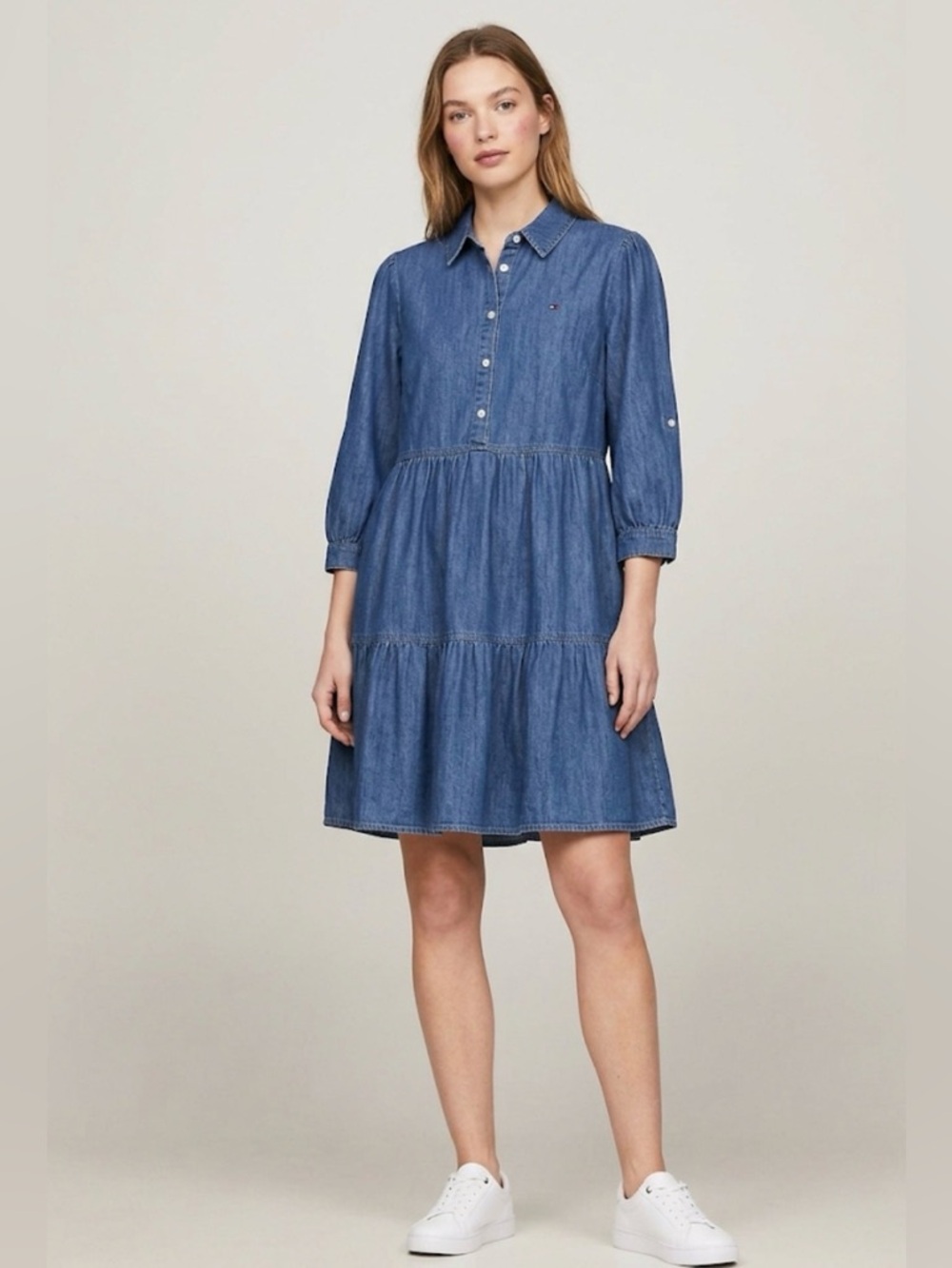 Tommy Hilfiger Blue Denim Tiered Shirt Dress